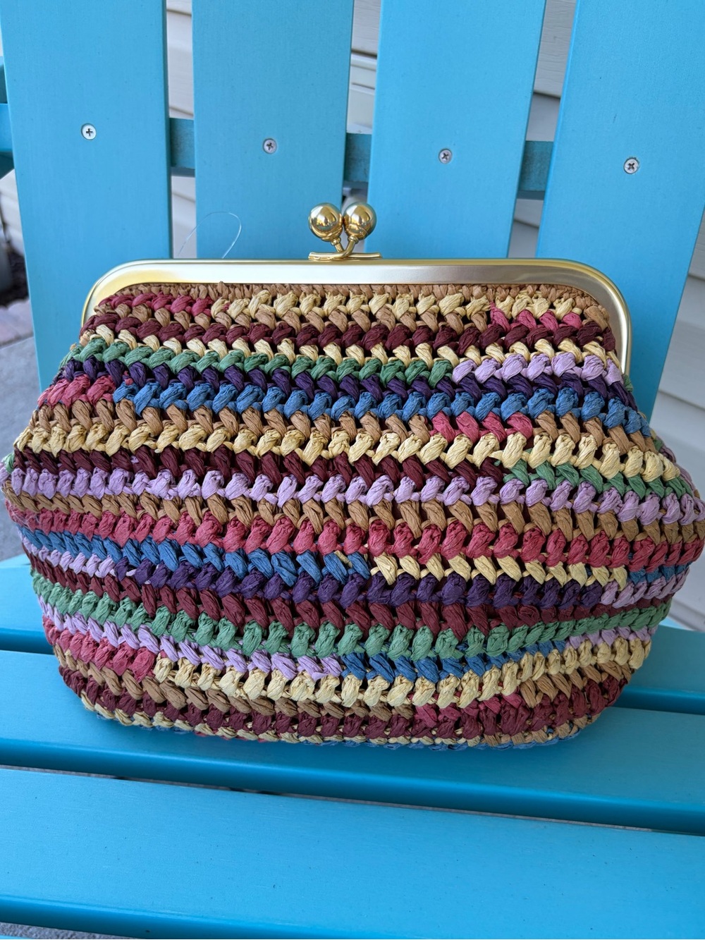 Coach kisslock frame bag 27 multi straw rainbow crochet clutch purse NWT wicker